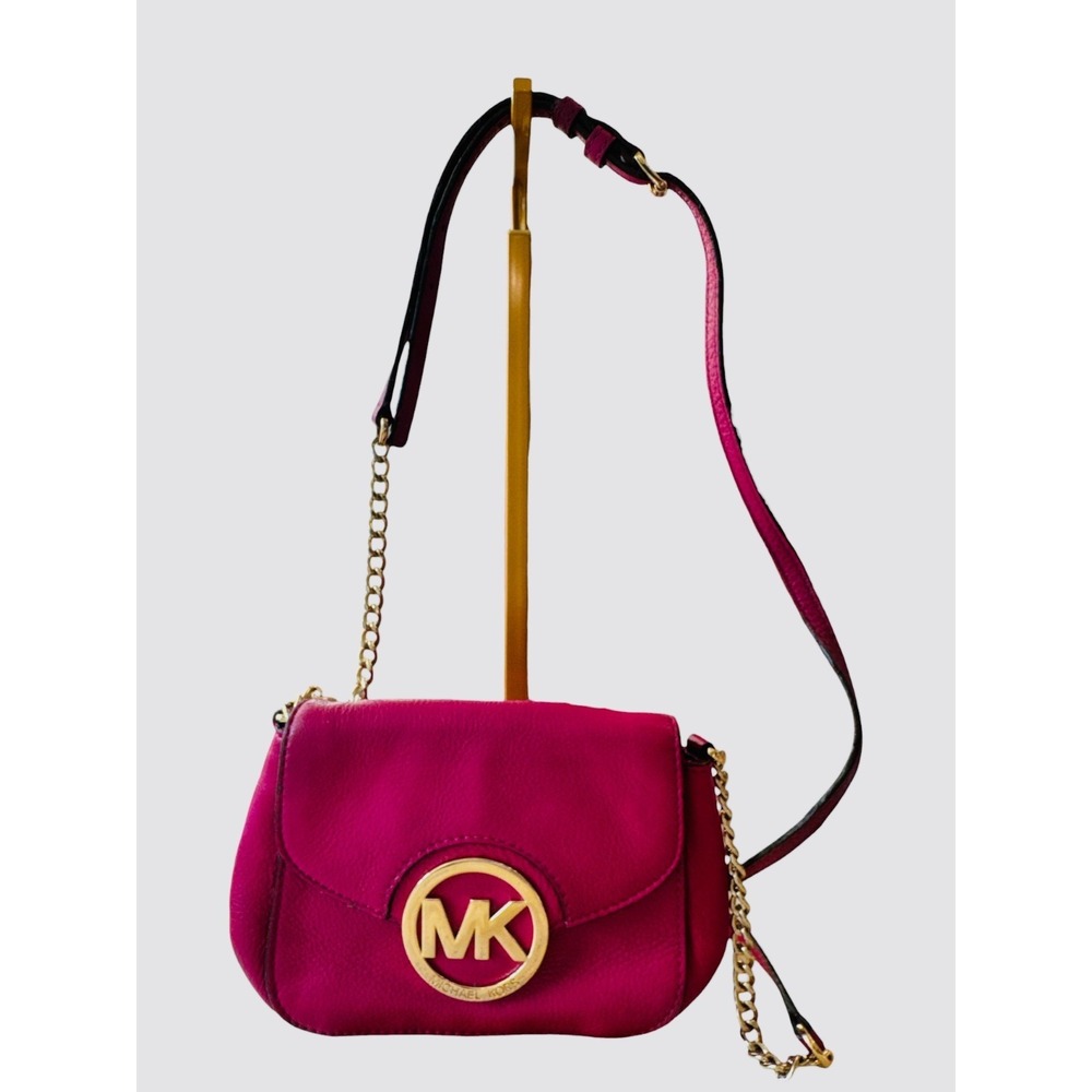 Michael Kors Fulton Small Leather Crossbody Magenta Gold Chain Strap‎ Hardware